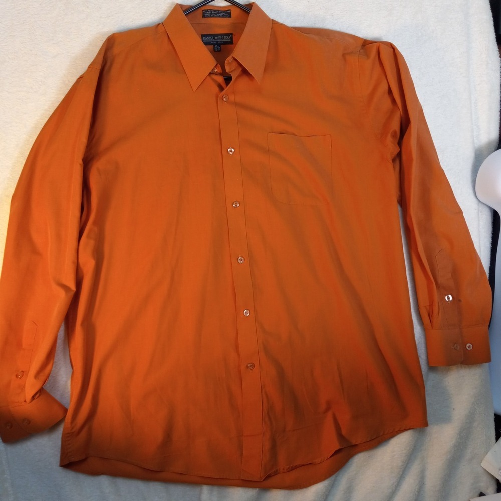 DANIEL ELLISSA Mens Dress Shirt Band Collar Orange 17 1/2 36-37 spot see pic